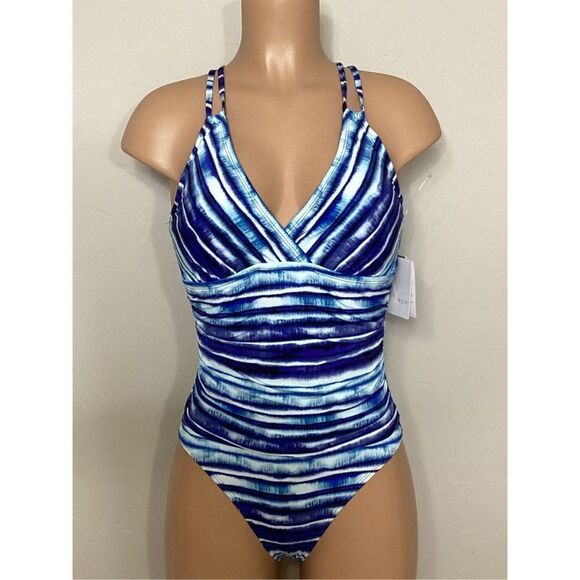 New. La Blanca BLUE Serene Stripe Tummy-Control Strappy One-Piece Swimsuit. Reta - Picture 2 of 12